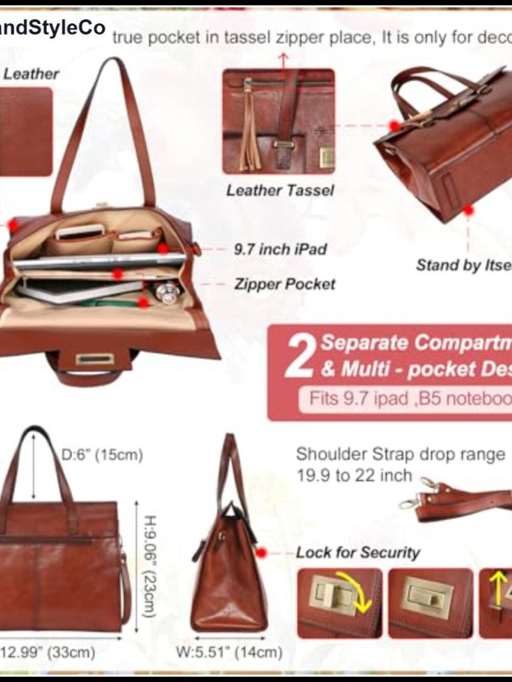 Women's Leather Satchel Purse Full Grain Italian Leather Fringe Crossbody Bag - Picture 5 of 6